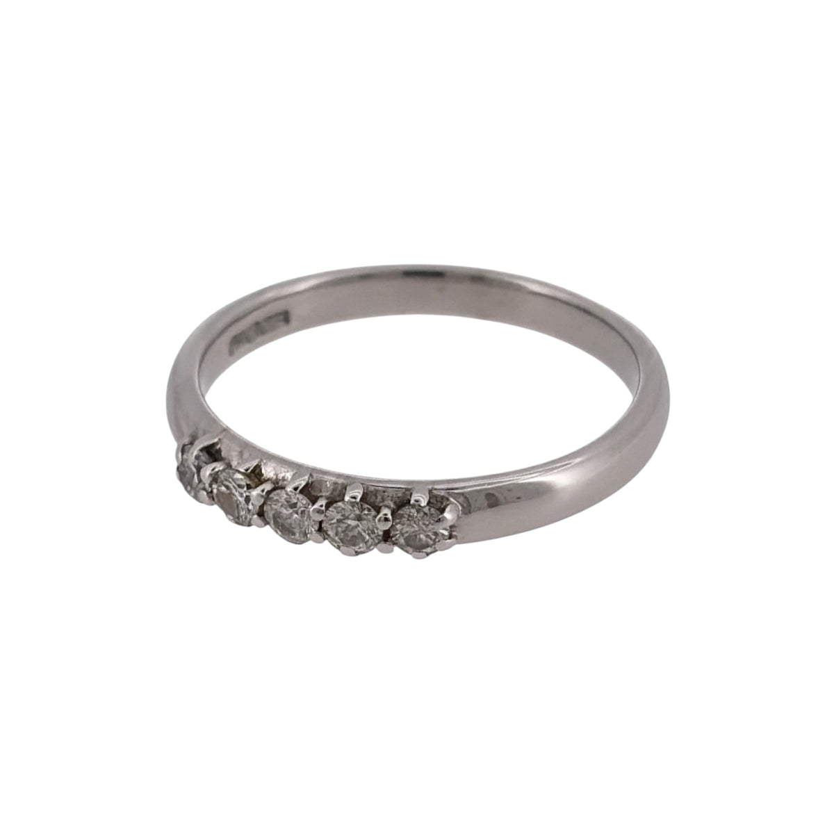 Add classic diamond detail to your jewellery collection with this pre-owned 9ct white gold five-stone band ring, featuring approximately 0.30ct of diamonds in total.

Design: The ring features a traditional five-stone design, with five diamonds set across the front of the band for an elegant and balanced appearance.
Material: Made from 9-carat white gold, the bright white finish complements the diamonds and gives the ring a timeless appearance.