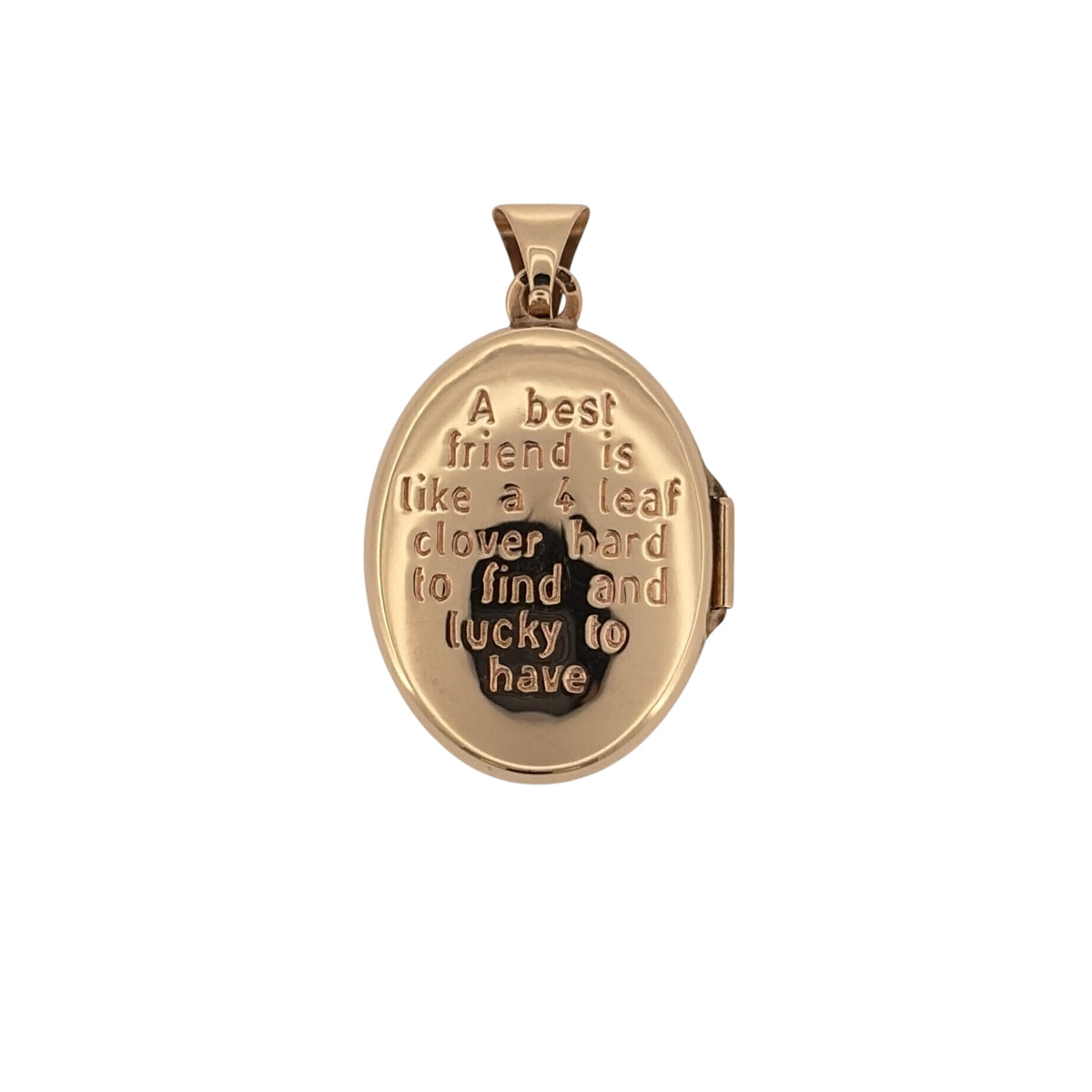 Add heartfelt symbolism and timeless style to your jewellery collection with this pre-owned 9ct yellow and white gold Celtic patterned oval locket, combining meaningful design with sentimental engraving—perfect for everyday wear or a thoughtful gift.

Design: The locket features an oval shape with a Celtic-patterned cross and four-leaf clover motif on the front, representing faith, luck, and enduring friendship, finished in contrasting yellow and white gold tones.