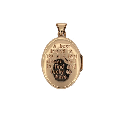 Add heartfelt symbolism and timeless style to your jewellery collection with this pre-owned 9ct yellow and white gold Celtic patterned oval locket, combining meaningful design with sentimental engraving—perfect for everyday wear or a thoughtful gift.

Design: The locket features an oval shape with a Celtic-patterned cross and four-leaf clover motif on the front, representing faith, luck, and enduring friendship, finished in contrasting yellow and white gold tones.
