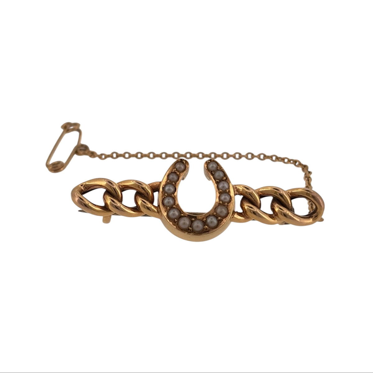 15ct Gold & Seed Pearl Horseshoe Curb Link Brooch/Tie Pin