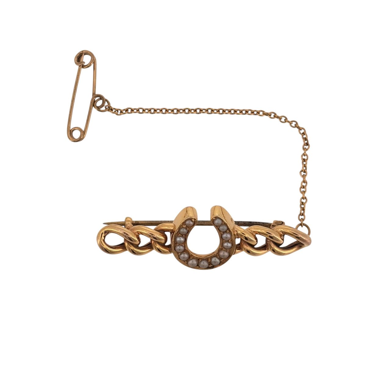 Add vintage character to your jewellery collection with this pre-owned 15ct yellow gold lucky horseshoe brooch or tie pin, featuring seed pearl detailing and a decorative curb link design.

Design: The piece features a traditional lucky horseshoe motif incorporated into a curb link design, creating a distinctive vintage-style accessory that can be worn as a brooch or tie pin.