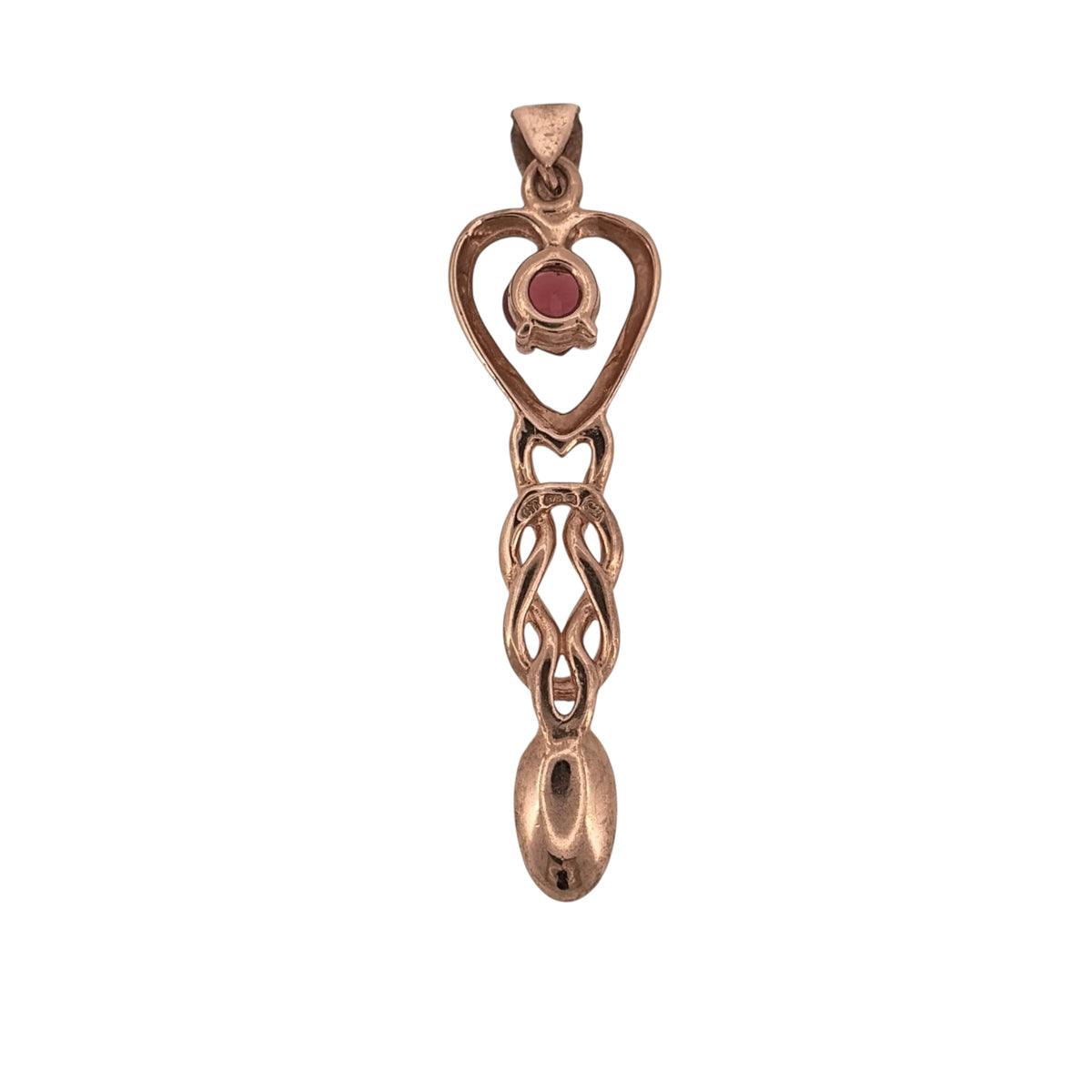 Celebrate Welsh tradition with this pre-owned 9ct rose gold Cymru Metal lovespoon pendant, featuring a heart-shaped garnet within a distinctive Welsh-inspired design.

Design: The pendant features a traditional lovespoon design, a recognised symbol of Welsh love and affection, with a heart-shaped garnet adding a romantic focal point.
Material: Made from 9-carat rose gold Cymru Metal, the warm rose tone complements the rich colour of the garnet and the traditional lovespoon design.