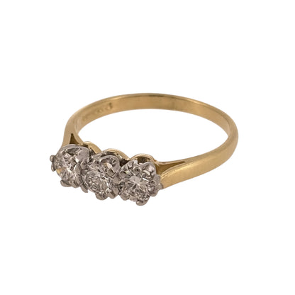 Add timeless diamond elegance to your jewellery collection with this pre-owned 18ct yellow gold trilogy ring, featuring approximately 0.75ct of diamonds in a classic three-stone design.

Design: The ring features a traditional trilogy design, with three diamonds arranged across the front to create an elegant and balanced appearance.
Material: Made from 18-carat yellow gold, the warm gold tone provides a classic setting for the three diamonds.