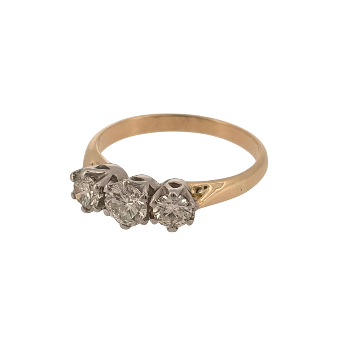 Add timeless diamond elegance to your jewellery collection with this pre-owned 14ct yellow gold trilogy ring, featuring approximately 0.62ct of diamonds in a classic three-stone design.

Design: The ring features a traditional trilogy design, with three diamonds arranged across the front to create an elegant and balanced appearance.
Material: Made from 14-carat yellow gold, the warm gold tone provides a classic setting for the three diamonds.