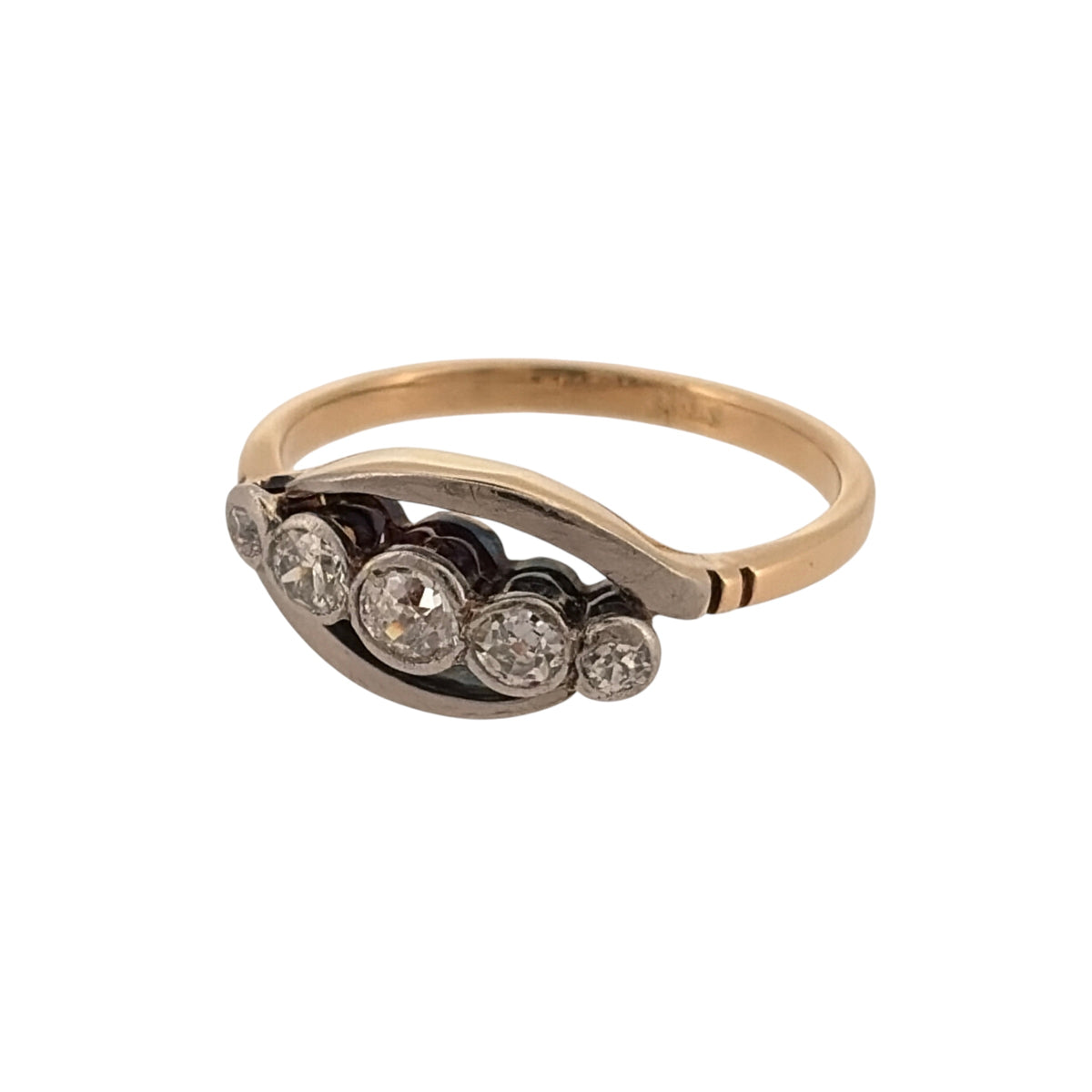 Add vintage-inspired diamond detail to your jewellery collection with this pre-owned 18ct yellow gold and platinum five-stone diamond twist ring, featuring a distinctive flowing setting.

Design: The ring features a five-stone twist design, with the flowing setting creating an elegant and distinctive profile across the front of the ring.
Material: Made from 18-carat yellow gold with platinum detailing, the contrasting metals create a classic two-tone appearance and provide a bright setting for the diamonds.
