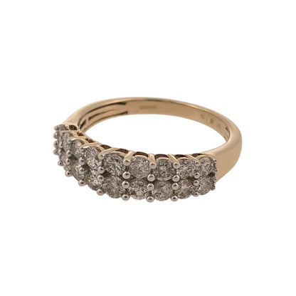 Add statement diamond detail to your jewellery collection with this pre-owned 9ct yellow gold double-row band ring, featuring approximately 1ct of diamonds in total.

Design: The ring features a double-row band design, with two lines of diamonds creating a bold and eye-catching appearance across the front.
Material: Made from 9-carat yellow gold, the warm gold tone provides a classic setting for the diamond detailing.