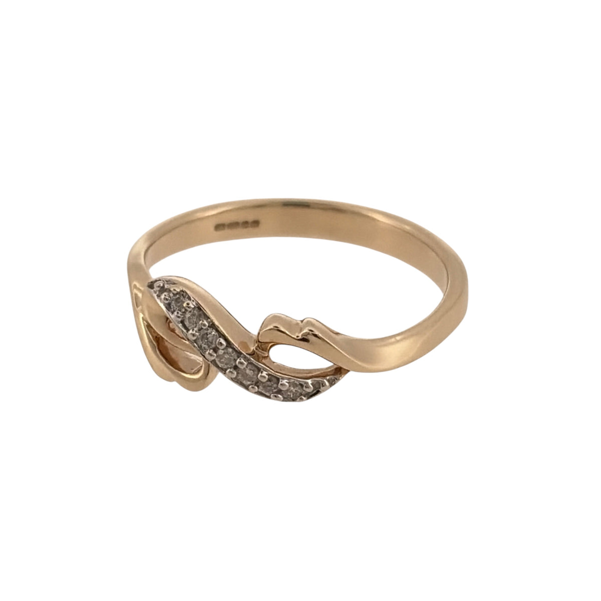 Add elegant diamond detail to your jewellery collection with this pre-owned 9ct yellow gold diamond twist band ring, featuring a flowing design across the front.

Design: The ring features a twist-style band design, with the flowing shape creating a distinctive and elegant appearance on the finger.
Material: Made from 9-carat yellow gold, the warm gold tone provides a classic setting for the diamond detailing.
Diamond Detail: Diamonds are set within the twist-style front, adding subtle detail to the design.
