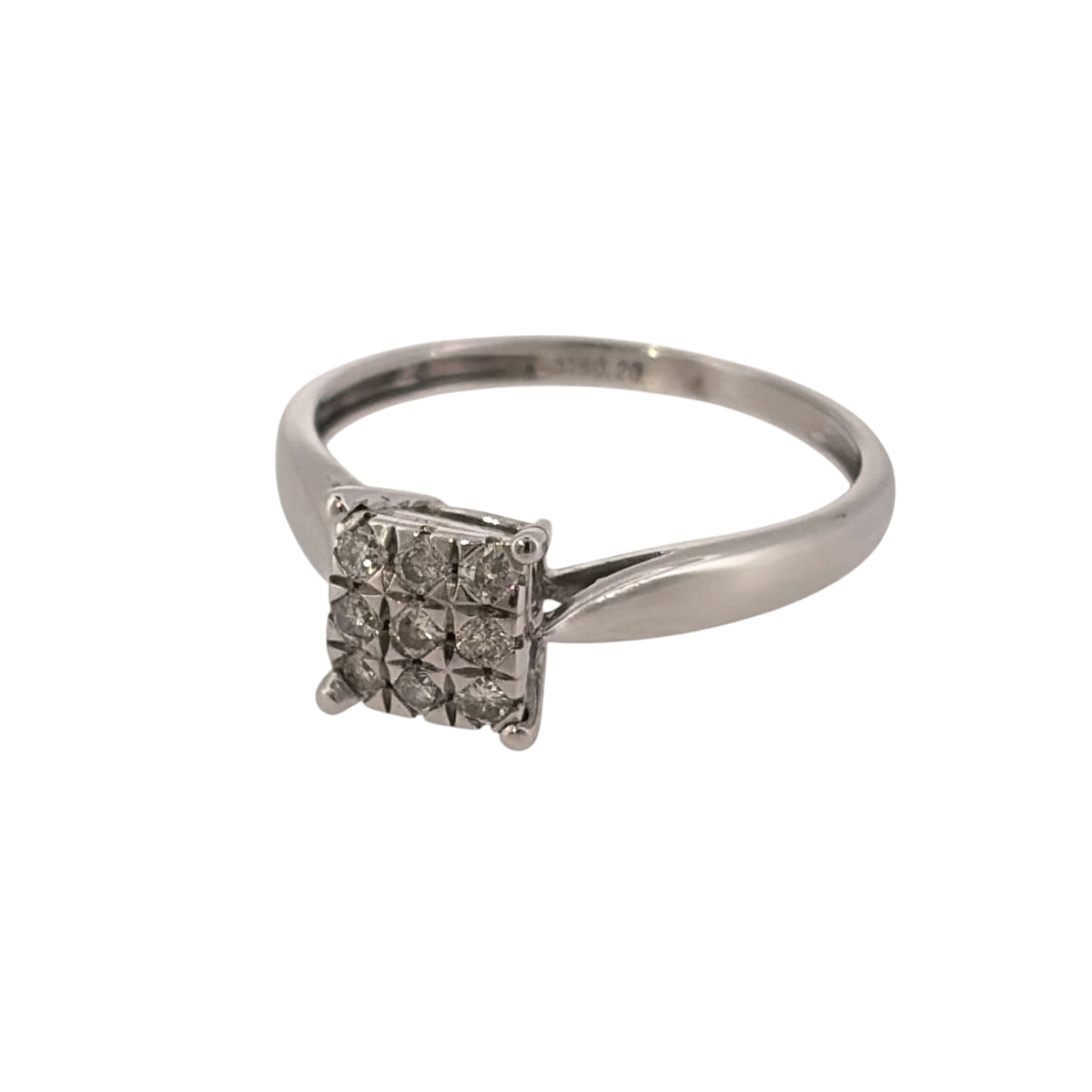 Add classic diamond detail to your jewellery collection with this pre-owned 9ct white gold diamond square cluster ring, featuring nine brilliant-cut diamonds arranged in a neat geometric setting.

Design: The ring features a square cluster design, with nine brilliant-cut diamonds arranged together in a three-by-three formation to create a defined geometric appearance.
Material: Made from 9-carat white gold, the bright white finish complements the diamond-set cluster.