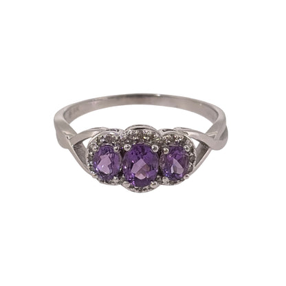 9ct White Gold Diamond & Amethyst Trilogy Ring