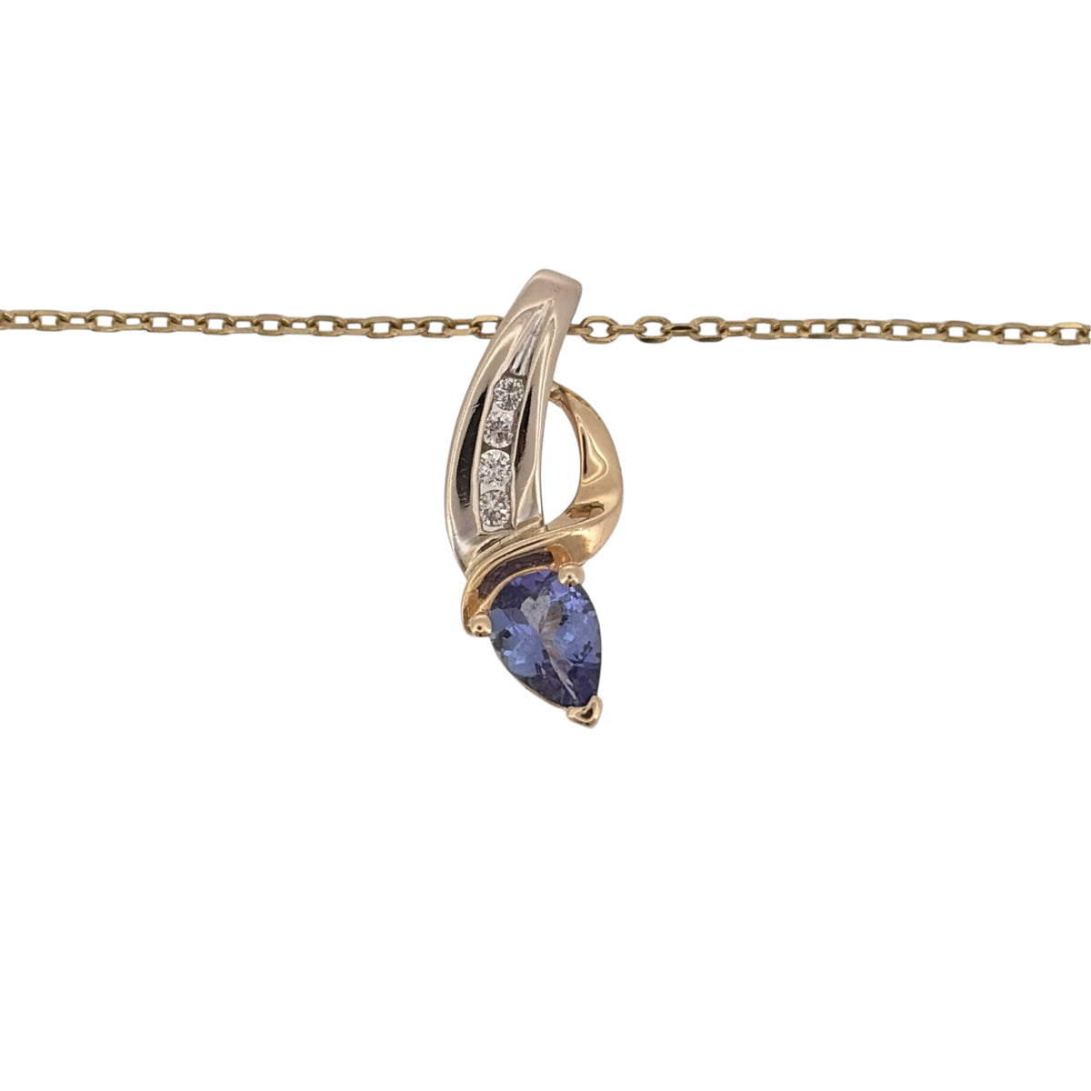 Add rich gemstone colour to your jewellery collection with this pre-owned 14ct yellow and white gold diamond and tanzanite pendant, presented on a 20-inch faceted belcher chain.

Design: The necklace features a teardrop-shaped tanzanite as the focal point, complemented by diamond detailing and a combination of yellow and white gold.
Material: Made from 14-carat yellow and white gold, the two-tone finish complements the tanzanite and diamond detailing.