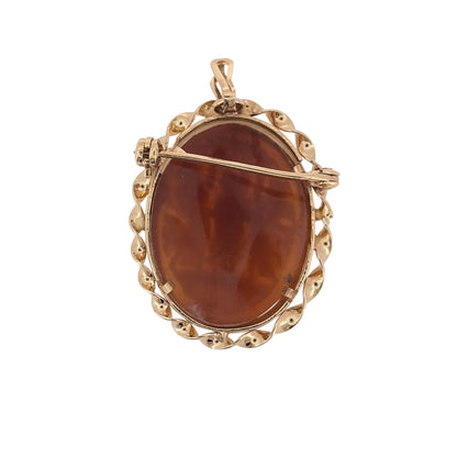 Add timeless elegance and vintage charm to your jewellery collection with this pre-owned 9ct yellow gold Three Graces cameo brooch and pendant, featuring a beautifully detailed classical design with versatile wearability—perfect for collectors, special occasions, or lovers of antique-inspired jewellery.

Design: The piece showcases a stunning oval cameo measuring approximately 20mm by 25mm, intricately carved with the iconic Three Graces motif.