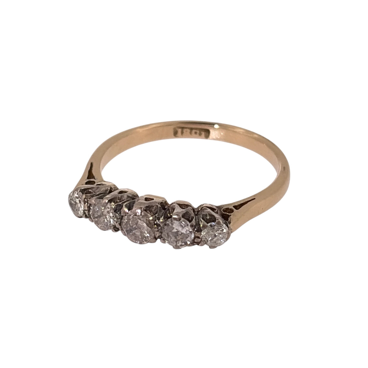 Add classic diamond detail to your jewellery collection with this pre-owned 18ct yellow gold five-stone diamond band ring, featuring approximately 0.50ct of diamond content in total.

Design: The ring features a traditional five-stone band design, with five diamonds arranged across the front for a timeless and balanced appearance.
Material: Made from 18-carat yellow gold, the warm gold tone provides a classic setting for the row of diamonds.