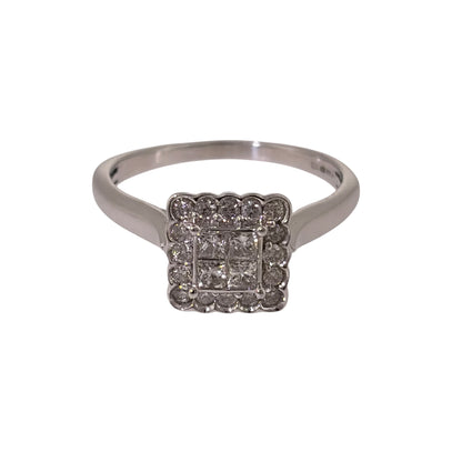 9ct White Gold & Diamond Square Cluster Ring