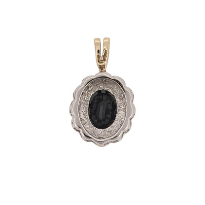 Add classic gemstone colour to your jewellery collection with this pre-owned 9ct yellow and white gold diamond and sapphire cluster pendant, featuring an oval sapphire as its central focal point.

Design: The pendant features a traditional cluster design, with an oval sapphire at the centre complemented by diamond detailing and contrasting yellow and white gold.
Material: Made from 9-carat yellow and white gold, the two-tone finish complements the rich blue sapphire and diamond-set design.