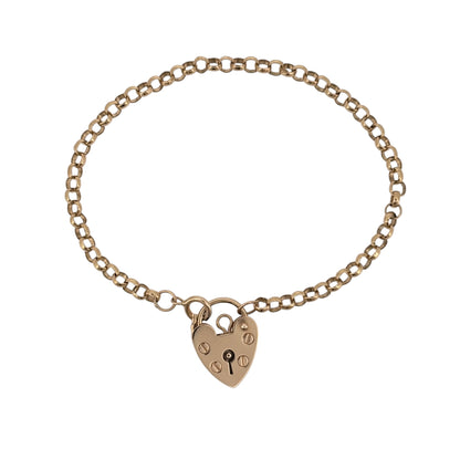 9ct Gold 7" Heart Padlock Belcher Bracelet