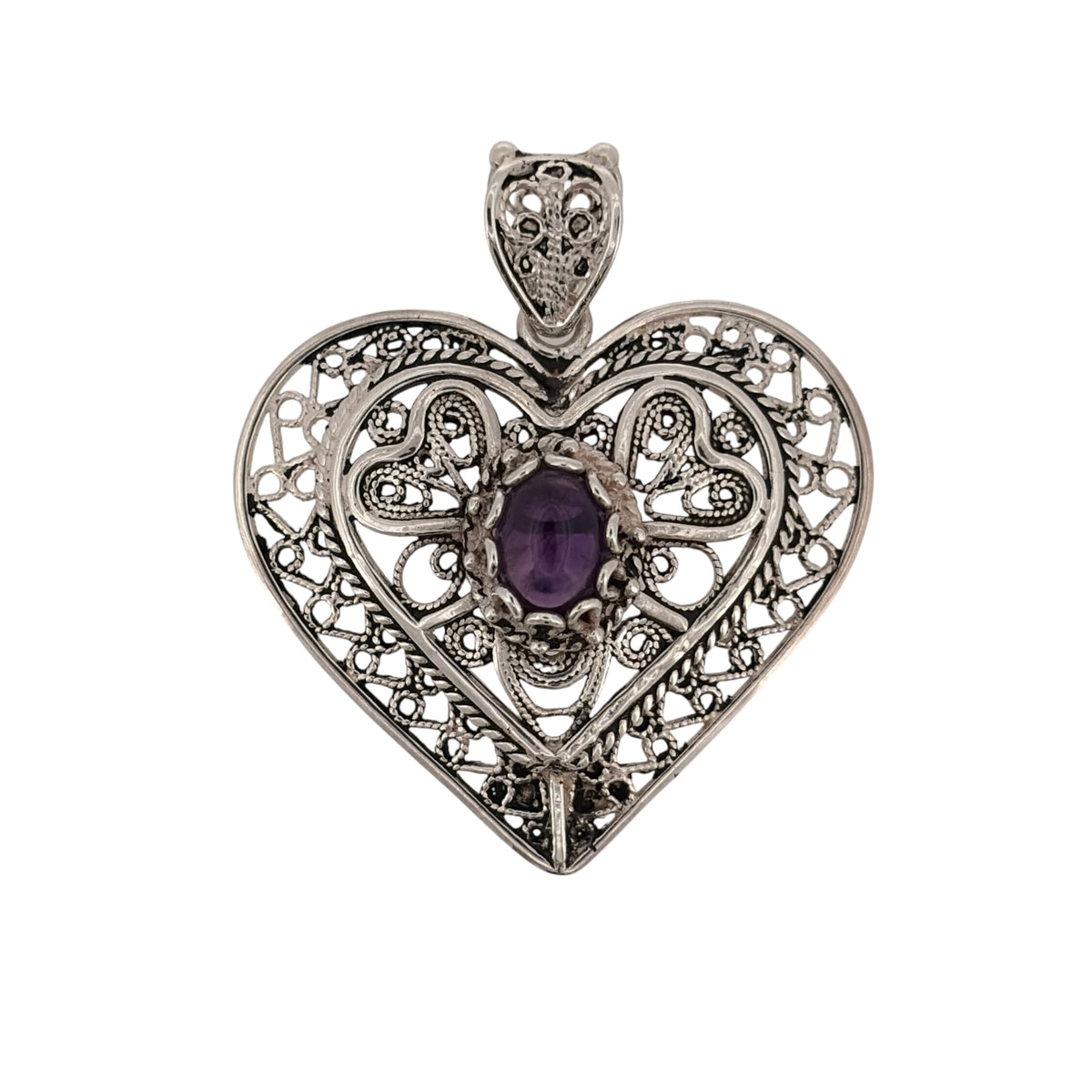 925 Silver & Purple Stone Filigree Heart Pendant