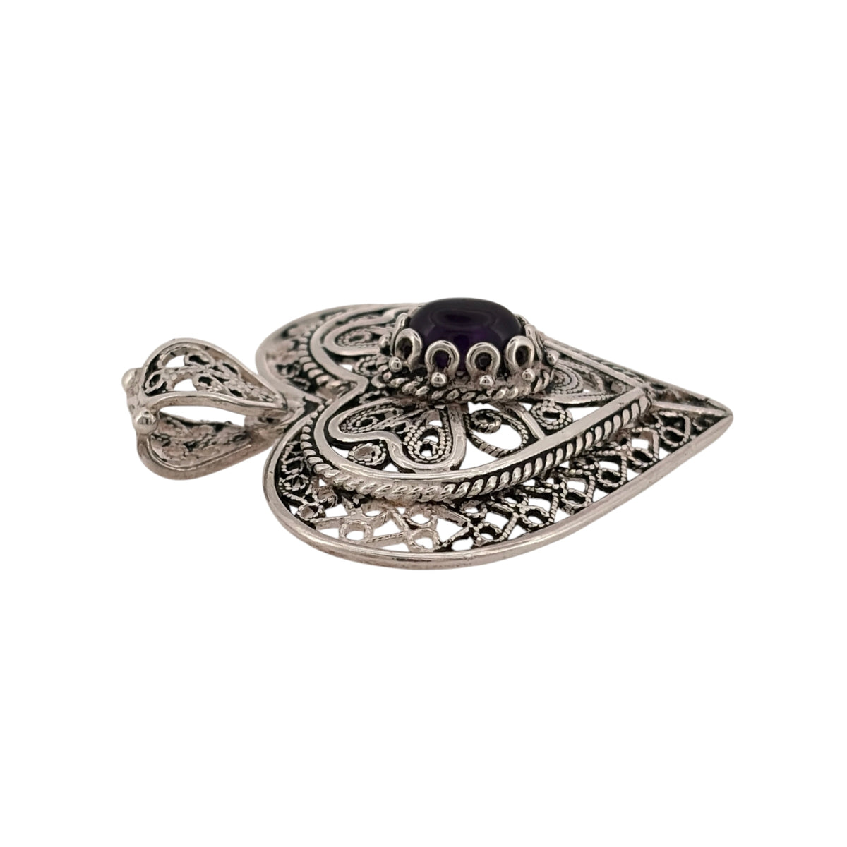 925 Silver & Purple Stone Filigree Heart Pendant