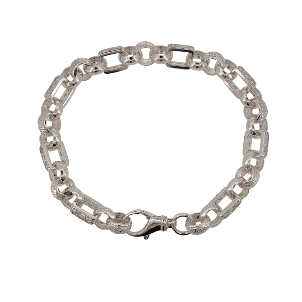 925 Silver & Cubic Zirconia 9" Patterned Gypsy Link Bracelet
