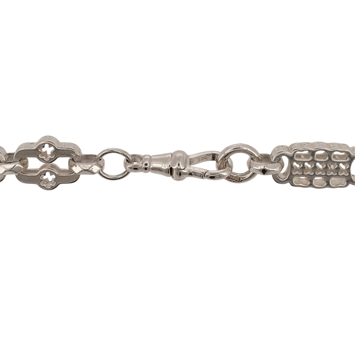 Add a distinctive silver piece to your jewellery collection with this pre-owned 925 sterling silver star and bar chain, featuring a decorative link design and a substantial 8mm width.

Design: The chain features an alternating star and bar link pattern, creating a bold and unusual appearance that stands out from traditional chain designs.
Material: Made from 925 sterling silver, complementing the decorative star and bar links.