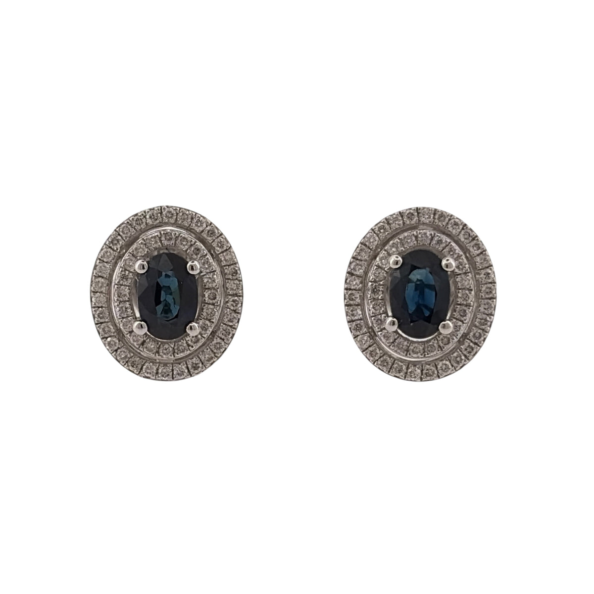 Add an elegant piece to your jewellery collection with these pre-owned 18ct white gold diamond and sapphire double halo stud earrings, featuring beautiful oval sapphires surrounded by two rows of diamonds.

Design: The earrings feature a classic double halo design, with a central oval sapphire surrounded by two halos of diamonds, creating a decorative and timeless appearance.
Material: Made from 18ct white gold, offering a bright white finish that complements the sapphires and diamonds.