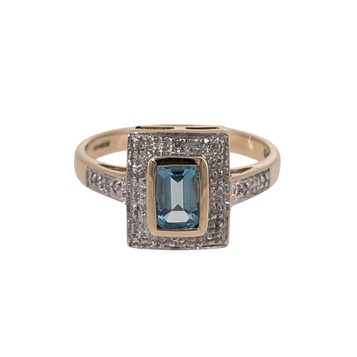 9ct Gold Diamond & Blue Topaz Rectangle Ring