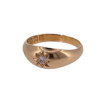 Add a distinctive piece to your jewellery collection with this pre-owned 18ct yellow gold and diamond solitaire band ring, featuring a central diamond in a decorative starburst setting.

Design: The ring features a wide yellow gold band with a single diamond set within a starburst design, creating a classic and eye-catching appearance.
Material: Made from 18ct yellow gold, offering a warm gold finish that complements the diamond.