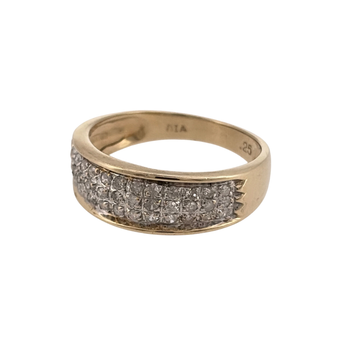 Add a classic piece to your jewellery collection with this pre-owned 9ct yellow gold and diamond band ring, featuring three rows of diamonds with a combined estimated weight of 0.25ct.

Design: The ring features a decorative band design, with three rows of diamonds arranged across the front to create an elegant and timeless appearance.
Material: Made from 9ct yellow gold, offering a warm gold finish that complements the diamonds.