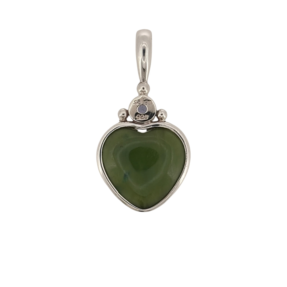 Add a colourful touch to your jewellery collection with this pre-owned 925 sterling silver green and purple heart pendant, featuring a decorative heart-shaped green stone with purple detailing.

Design: The pendant features a heart-shaped design, combining green and purple tones for a distinctive and attractive appearance.
Material: Made from 925 sterling silver, offering a classic silver finish that complements the colourful detailing.