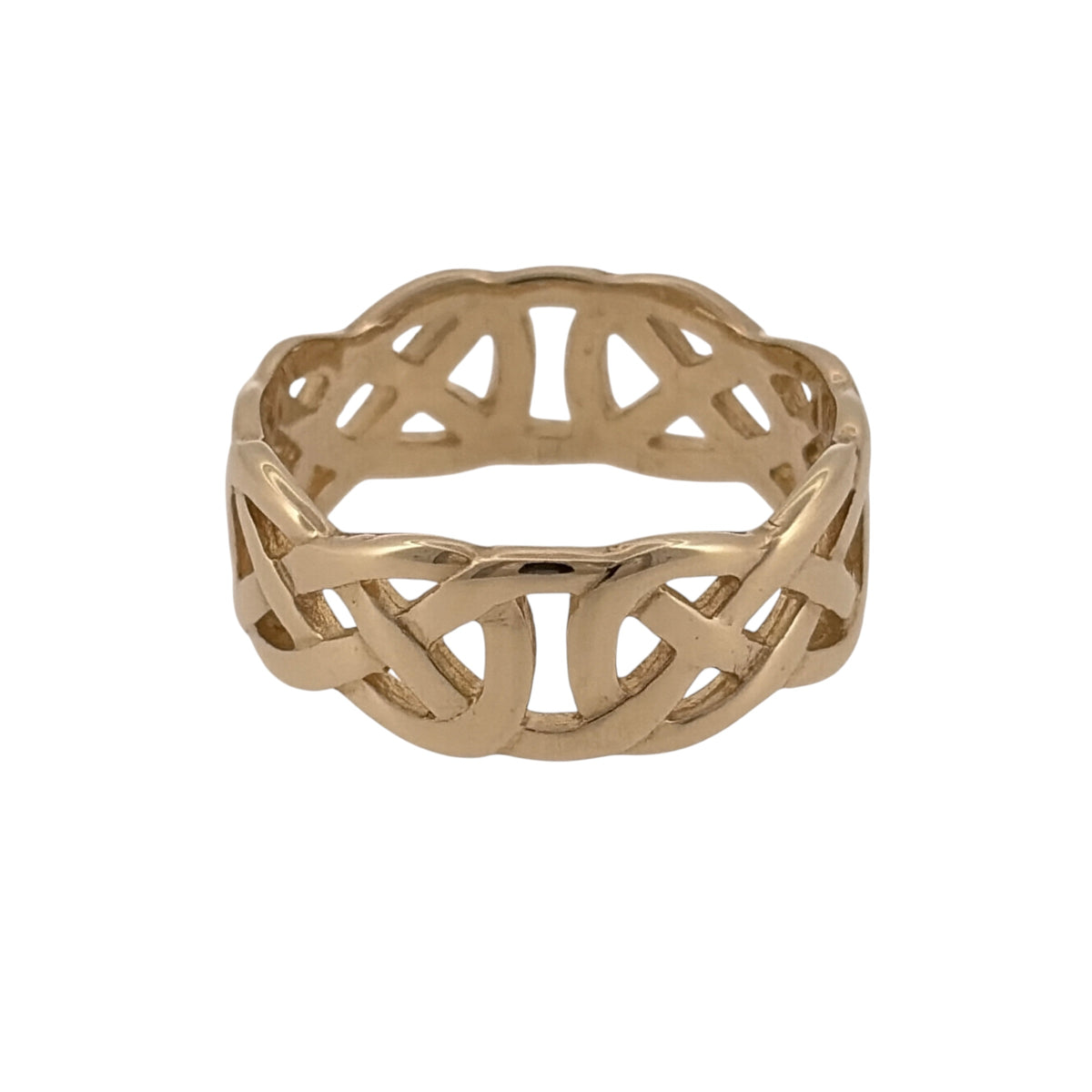 Add a traditional touch to your jewellery collection with this pre-owned 9ct yellow gold open Celtic knot band ring, featuring decorative knotwork detailing and a classic gold finish.

Design: The ring features an open Celtic knot design, with interwoven detailing symbolising eternity and connection, creating a meaningful and timeless appearance.
Material: Made from 9ct yellow gold, offering a traditional warm gold finish.