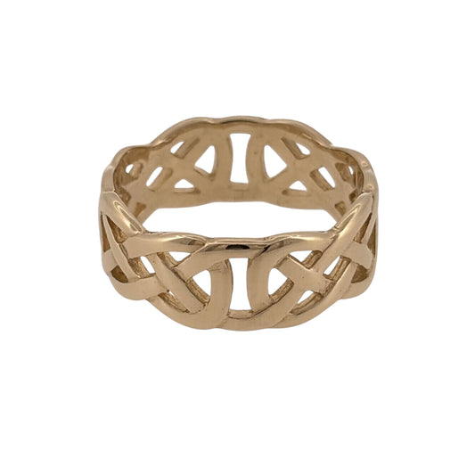 Add a traditional touch to your jewellery collection with this pre-owned 9ct yellow gold open Celtic knot band ring, featuring decorative knotwork detailing and a classic gold finish.

Design: The ring features an open Celtic knot design, with interwoven detailing symbolising eternity and connection, creating a meaningful and timeless appearance.
Material: Made from 9ct yellow gold, offering a traditional warm gold finish.