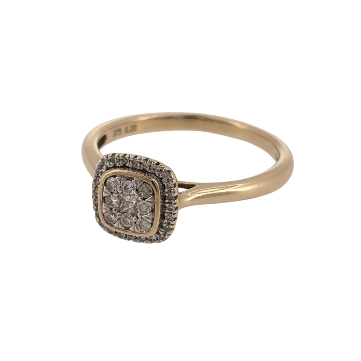 Add an elegant piece to your jewellery collection with this pre-owned 9ct yellow gold and diamond square halo cluster ring, featuring a classic square design with beautiful diamond detailing.

Design: The ring features a square halo cluster design, with diamonds arranged to create an attractive and timeless appearance.
Material: Made from 9ct yellow gold, offering a traditional warm gold finish.