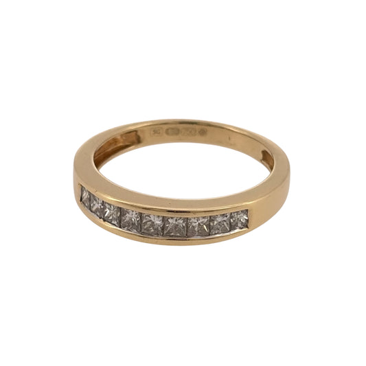 Add a timeless piece to your jewellery collection with this pre-owned 18ct yellow gold and diamond band ring, featuring beautiful diamond detailing and a classic gold finish.

Design: The ring features a traditional diamond band design, with diamonds set across the front to create an elegant and versatile appearance.
Material: Made from 18ct yellow gold, offering a classic warm gold finish.