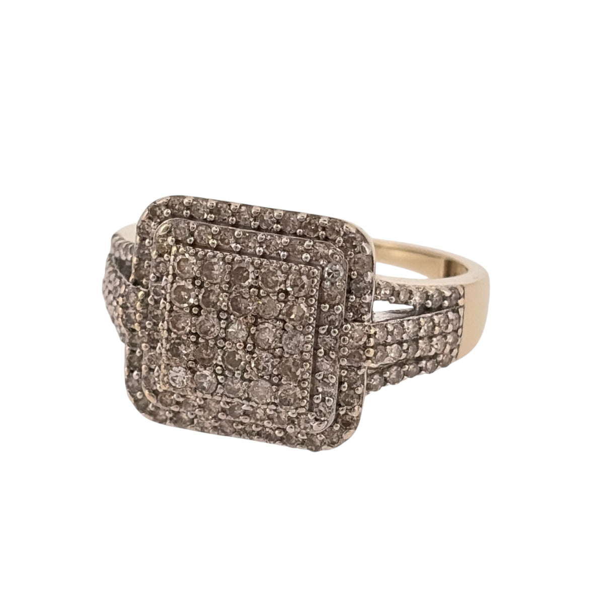 Make a statement with this pre-owned 9ct yellow gold and diamond square cluster ring, featuring a bold square-shaped diamond cluster with additional diamonds set along the shoulders.

Design: The ring features a striking square cluster design, with diamonds arranged across the front and extending onto the shoulders for a decorative and eye-catching appearance.
Material: Made from 9ct yellow gold, offering a classic warm gold finish.