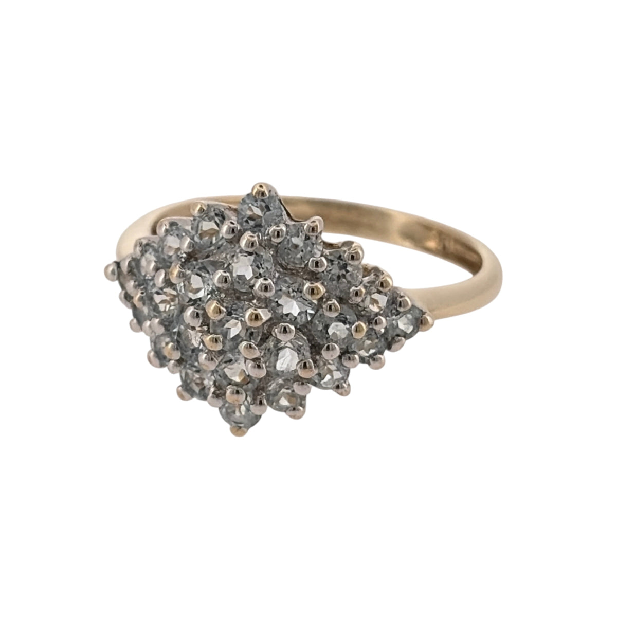 Add a colourful touch to your jewellery collection with this pre-owned 9ct yellow gold and light blue stone cluster ring, featuring a decorative arrangement of light blue stones in a classic gold design.

Design: The ring features a traditional cluster design, with light blue stones creating an attractive and eye-catching appearance.
Material: Made from 9ct yellow gold, offering a warm gold finish that complements the soft blue tones of the stones.