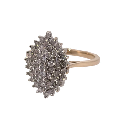 Add an elegant statement piece to your jewellery collection with this pre-owned 9ct yellow gold and diamond marquise cluster ring, featuring an eye-catching design with approximately 0.85ct of diamonds in total.

Design: The ring features a distinctive marquise-shaped cluster design, with diamonds arranged to create an elegant and prominent appearance.
Material: Made from 9ct yellow gold, offering a classic warm gold finish that complements the diamonds.