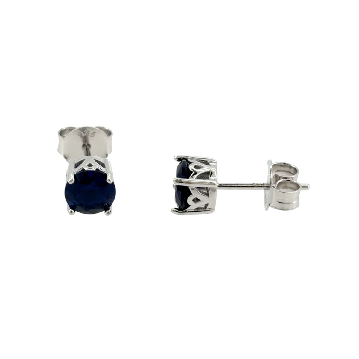 New 925 Silver &amp; Blue Sapphire coloured Stone Round Stud Earrings with the weight 1.70 grams and the stones are 6mm diameter
