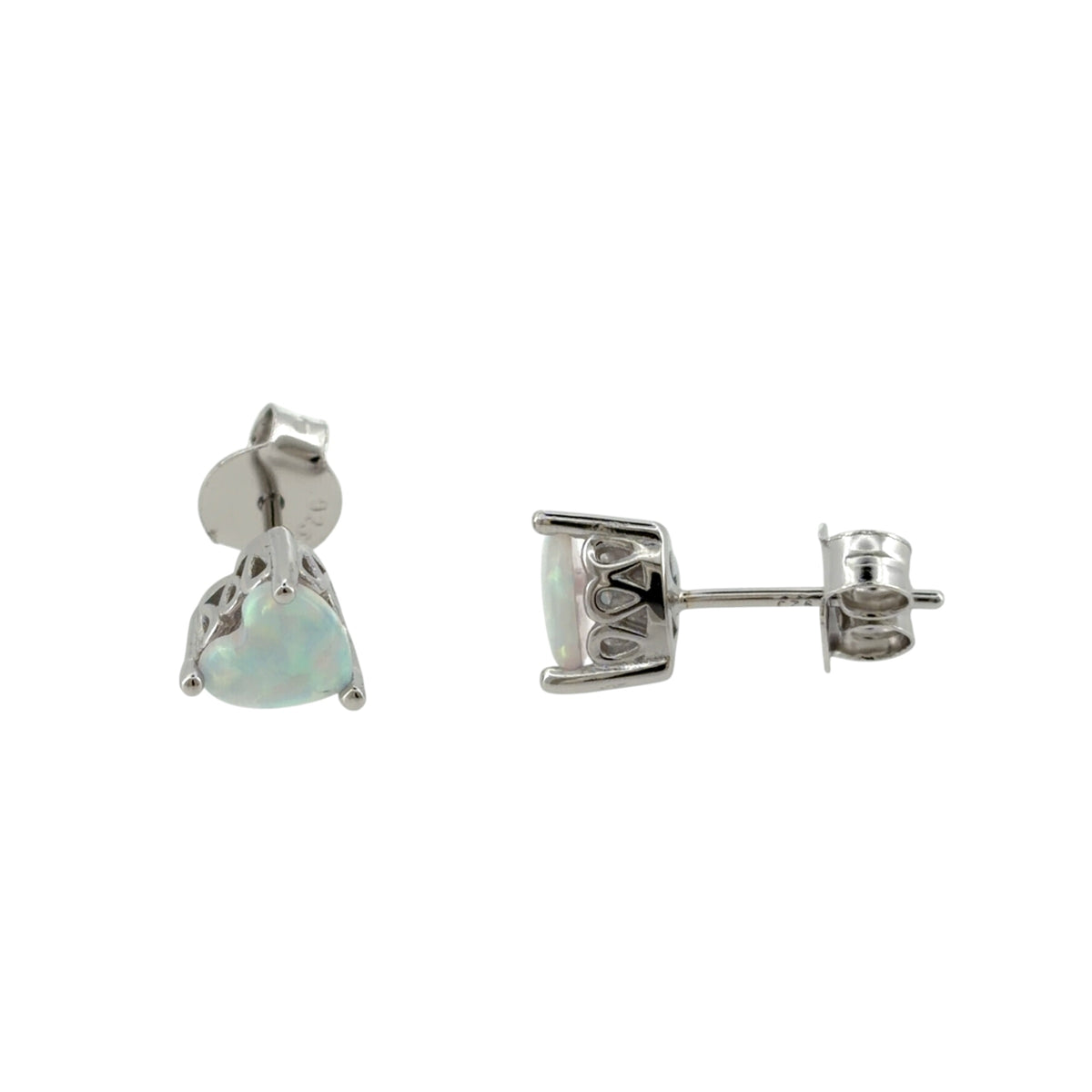 New 925 Silver &amp; Opalique Stone Heart Stud Earrings with the weight 1.50 grams and the stones are 6mm by 6mm
