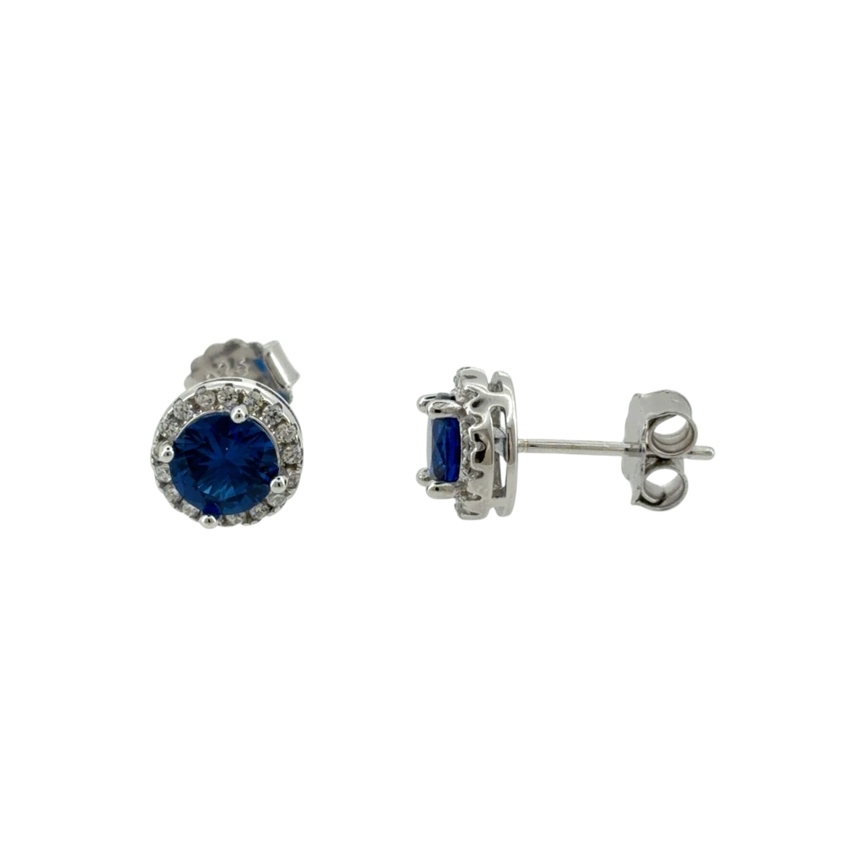 New 925 Silver Blue Stone &amp; Cubic Zirconia Halo Stud Earrings with the weight 1.80 grams and the center stone is 6mm diameter