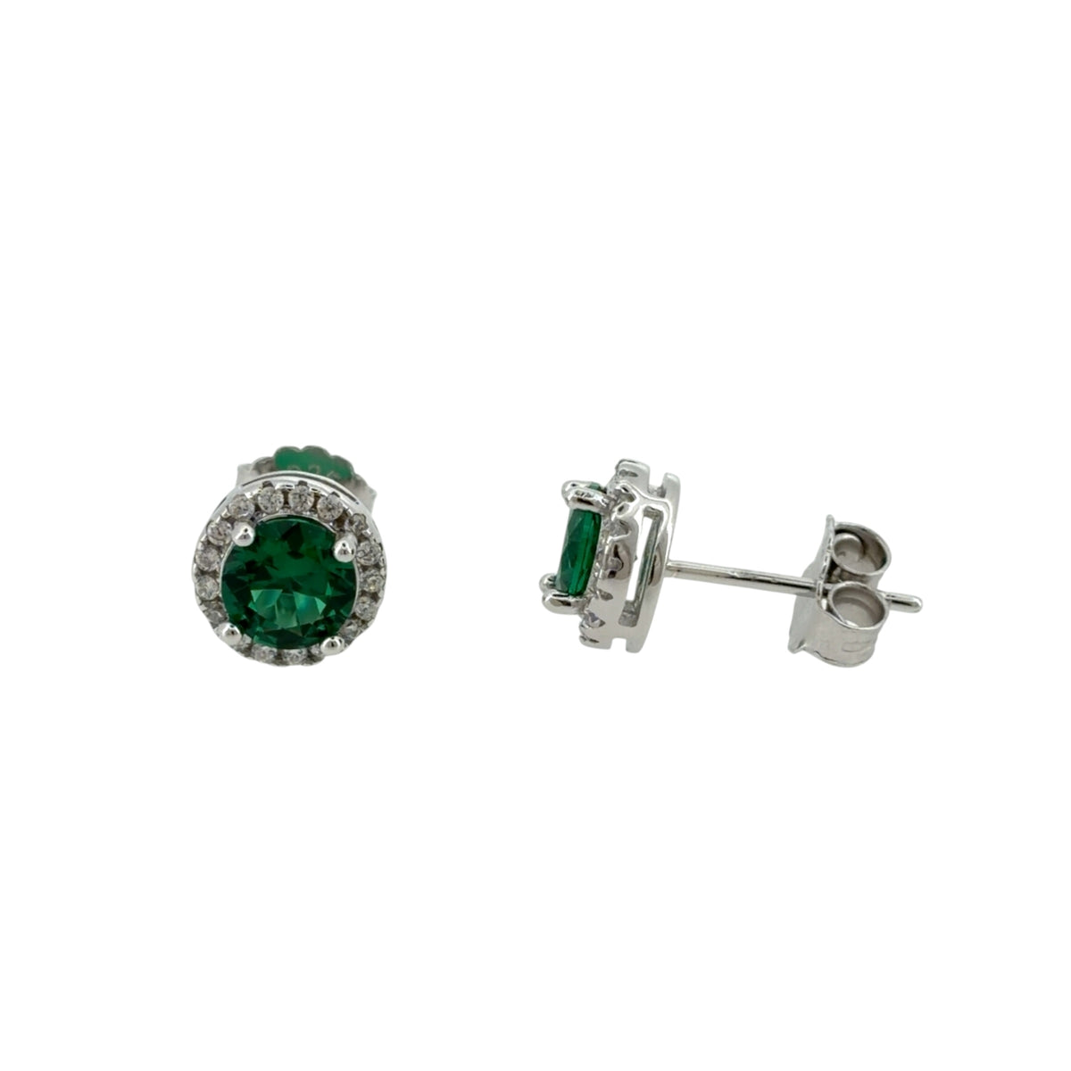 New 925 Silver Green Stone Emerald coloured &amp; Cubic Zirconia Halo Stud Earrings with the weight 1.90 grams and the center stone is 6mm diameter