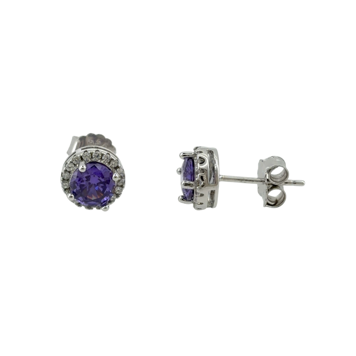 New 925 Silver Purple amethyst coloured Stone &amp; Cubic Zirconia Halo Stud Earrings with the weight 1.90 grams and the center stone is 6mm diameter