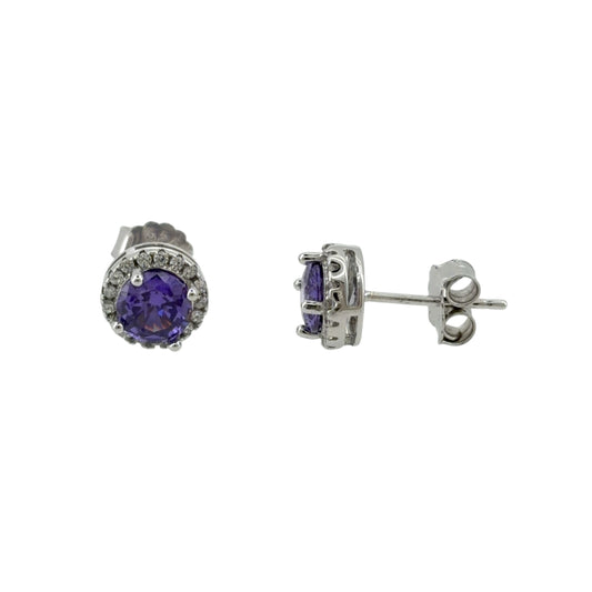 New 925 Silver Purple amethyst coloured Stone &amp; Cubic Zirconia Halo Stud Earrings with the weight 1.90 grams and the center stone is 6mm diameter