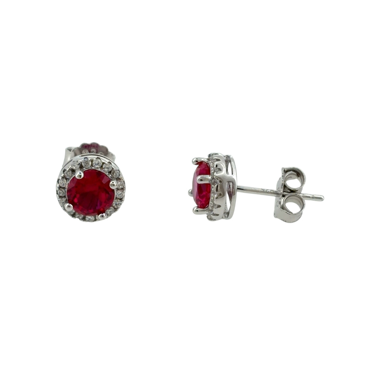 New 925 Silver Red/Pink Ruby coloured Stone &amp; Cubic Zirconia Halo Stud Earrings with the weight 1.90 grams and the center stone is 6mm diameter
