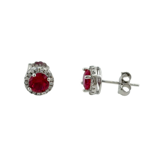 New 925 Silver Red/Pink Ruby coloured Stone &amp; Cubic Zirconia Halo Stud Earrings with the weight 1.90 grams and the center stone is 6mm diameter