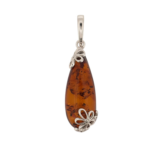 925 Silver & Amber Teardrop Flower Pendant