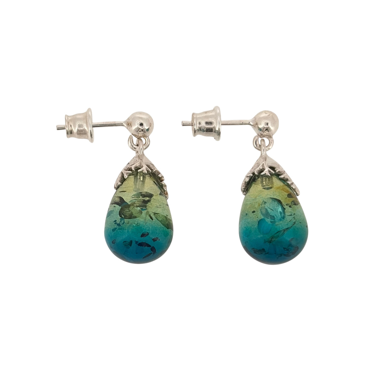 New 925 Silver &amp; Blue Amber Teardrop Drop Earrings with the weight 3.60 grams