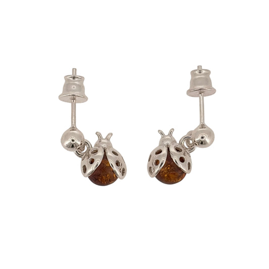 New 925 Silver &amp; Amber Ladybird Drop Earrings with the weight 2.70 grams