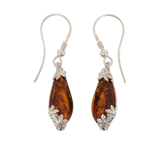 New 925 Silver &amp; Amber Teardrop Flower Drop Earrings with the weight 3.90 grams