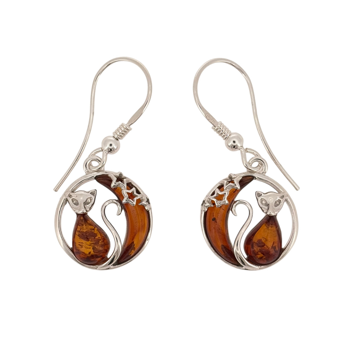 New 925 Silver &amp; Amber Cat Moon Drop Earrings with the weight 4.10 grams