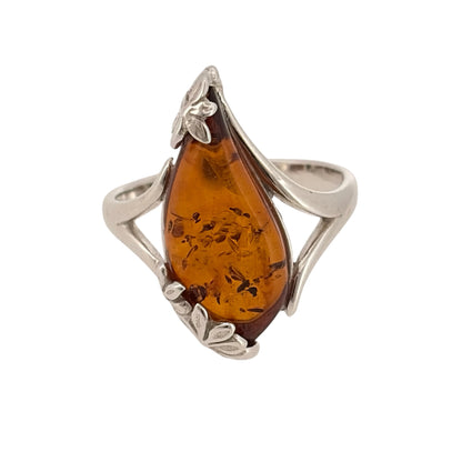 925 Silver & Amber Teardrop Flower Ring