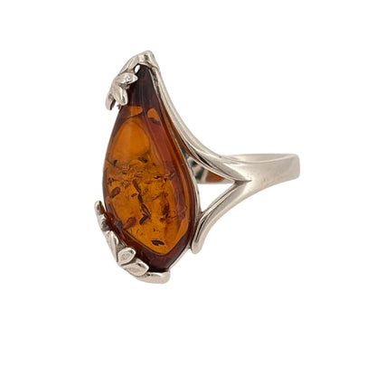925 Silver & Amber Teardrop Flower Ring